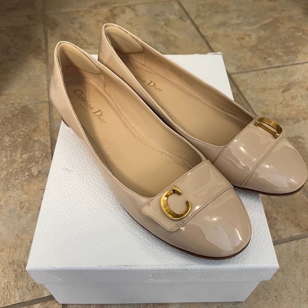 Dior Nude Patent Leather Flats with Gold Accent